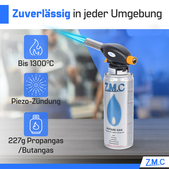 ZMC Gasbrenner Lötbrenner 1,3kW + Gaskartuschen 227g, Flambierbrenner bis zu 1300°C, Grillanzünder mit Piezo-Zündung, Küchenbrenner mit einstellbare Flamme