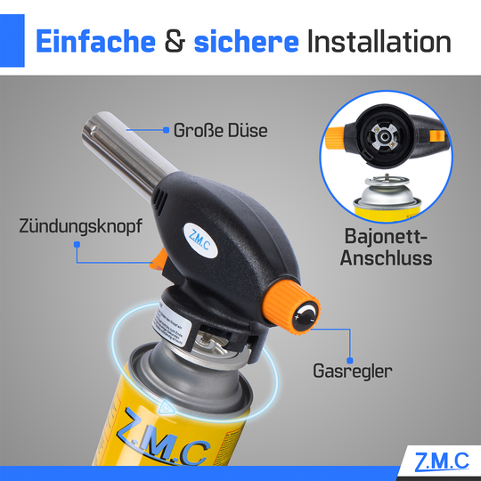 ZMC Gasbrenner Lötbrenner 1,3kW + Gaskartuschen 227g, Flambierbrenner bis zu 1300°C, Grillanzünder mit Piezo-Zündung, Küchenbrenner mit einstellbare Flamme