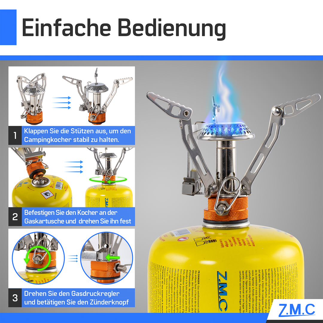 ZMC Mini Transportabler Campingkocher, Gaskocher aus rostfreiem Stahl 3200W, inkl. Aufbewahrungsbox + Gaskartuschen 300g, mit Piezo-Zündung