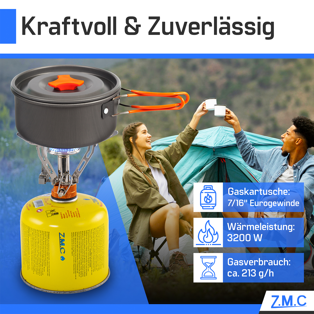 ZMC Mini Transportabler Campingkocher, Gaskocher aus rostfreiem Stahl 3200W, inkl. Aufbewahrungsbox + Gaskartuschen 300g, mit Piezo-Zündung