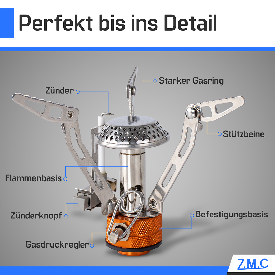 ZMC Mini Transportabler Campingkocher, Gaskocher aus rostfreiem Stahl 3200W, inkl. Aufbewahrungsbox + Gaskartuschen 300g, mit Piezo-Zündung