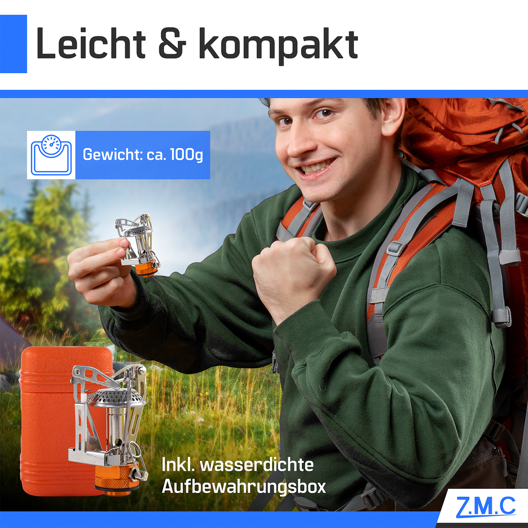 ZMC Mini Transportabler Campingkocher, Gaskocher aus rostfreiem Stahl 3200W, inkl. Aufbewahrungsbox + Gaskartuschen 300g, mit Piezo-Zündung