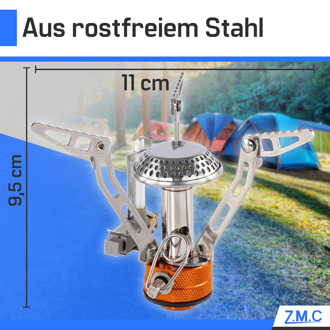 ZMC Mini Transportabler Campingkocher, Gaskocher aus rostfreiem Stahl 3200W, inkl. Aufbewahrungsbox + Gaskartuschen 300g, mit Piezo-Zündung