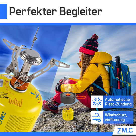 ZMC Mini Transportabler Campingkocher, Gaskocher aus rostfreiem Stahl 3200W, inkl. Aufbewahrungsbox + Gaskartuschen 300g, mit Piezo-Zündung