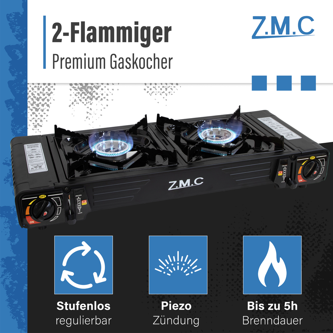 ZMC PREMIUM Camping Gaskocher 2-flammig + Gaskartuschen 227g & Grillplatte, Campingkocher mit Piezozündung für Outdoor und Innenraum