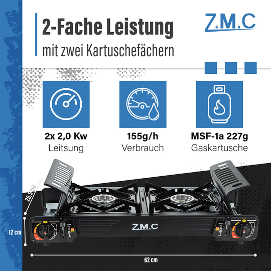 ZMC PREMIUM Camping Gaskocher 2-flammig + Gaskartuschen 227g & Grillplatte, Campingkocher mit Piezozündung für Outdoor und Innenraum