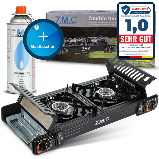 ZMC PREMIUM Camping Gaskocher 2-flammig + Gaskartuschen 227g & Grillplatte, Campingkocher mit Piezozündung für Outdoor und Innenraum