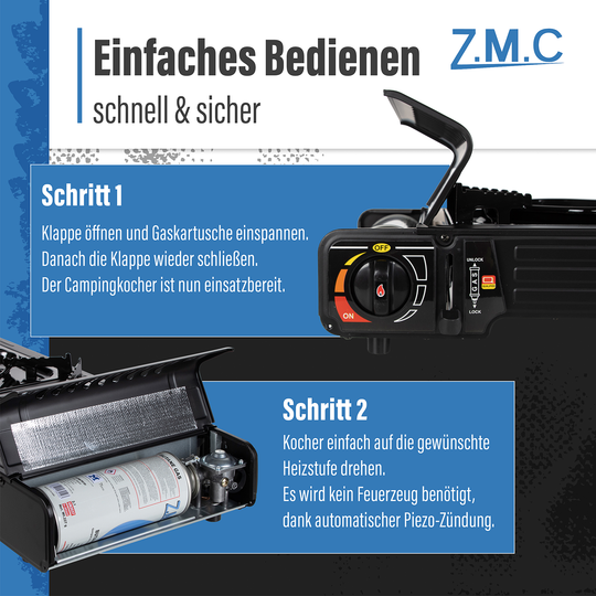 ZMC PREMIUM Camping Gaskocher 2-flammig + Gaskartuschen 227g & Grillplatte, Campingkocher mit Piezozündung für Outdoor und Innenraum