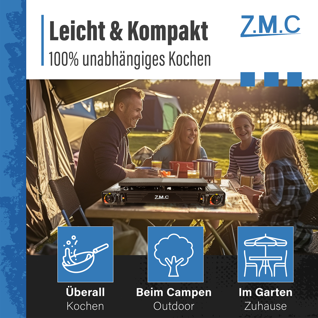 ZMC PREMIUM Camping Gaskocher 2-flammig + Gaskartuschen 227g & Grillplatte, Campingkocher mit Piezozündung für Outdoor und Innenraum