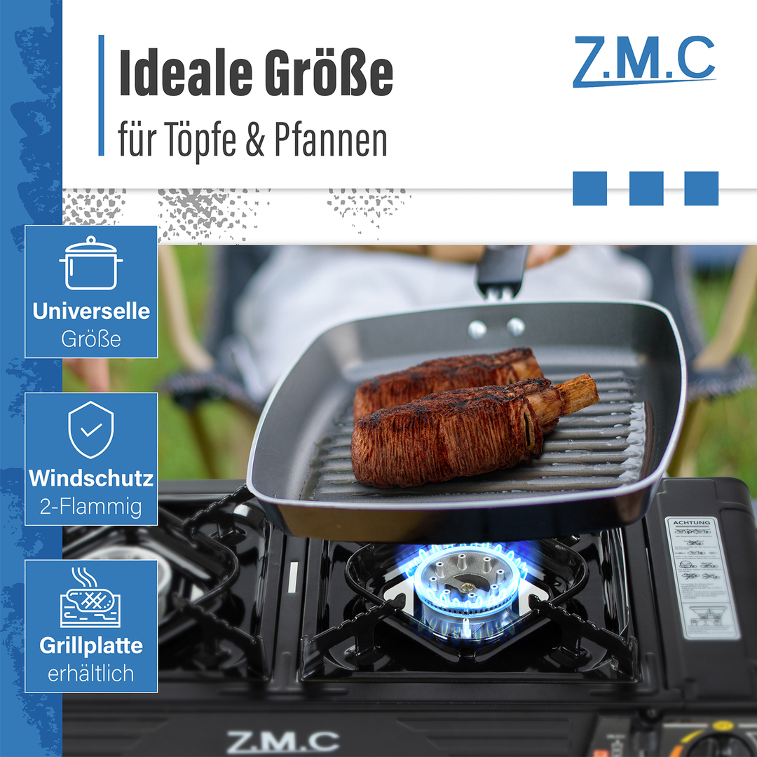 ZMC PREMIUM Camping Gaskocher 2-flammig + Gaskartuschen 227g & Grillplatte, Campingkocher mit Piezozündung für Outdoor und Innenraum