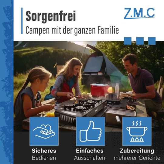 ZMC PREMIUM Camping Gaskocher 2-flammig + Gaskartuschen 227g & Grillplatte, Campingkocher mit Piezozündung für Outdoor und Innenraum