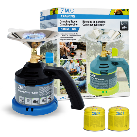 ZMC Campingkocher mit Griff, inkl. 190g Gaskartuschen, Kleiner Kohleanzünder, Kartuschenkocher für Stechkartuschen, tragbarer Gaskocher für Camping & Outdoor