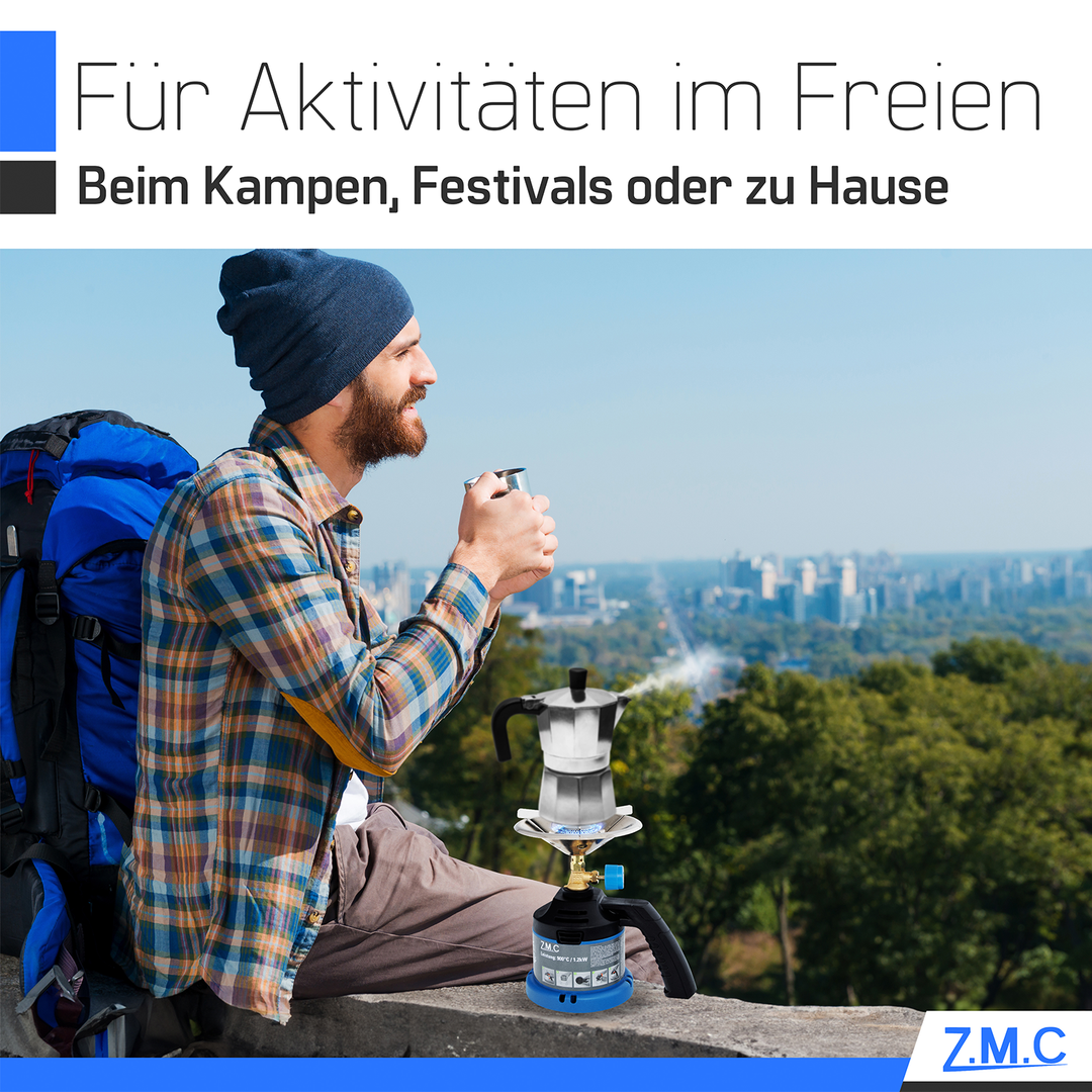 ZMC Campingkocher mit Griff, inkl. 190g Gaskartuschen, Kleiner Kohleanzünder, Kartuschenkocher für Stechkartuschen, tragbarer Gaskocher für Camping & Outdoor