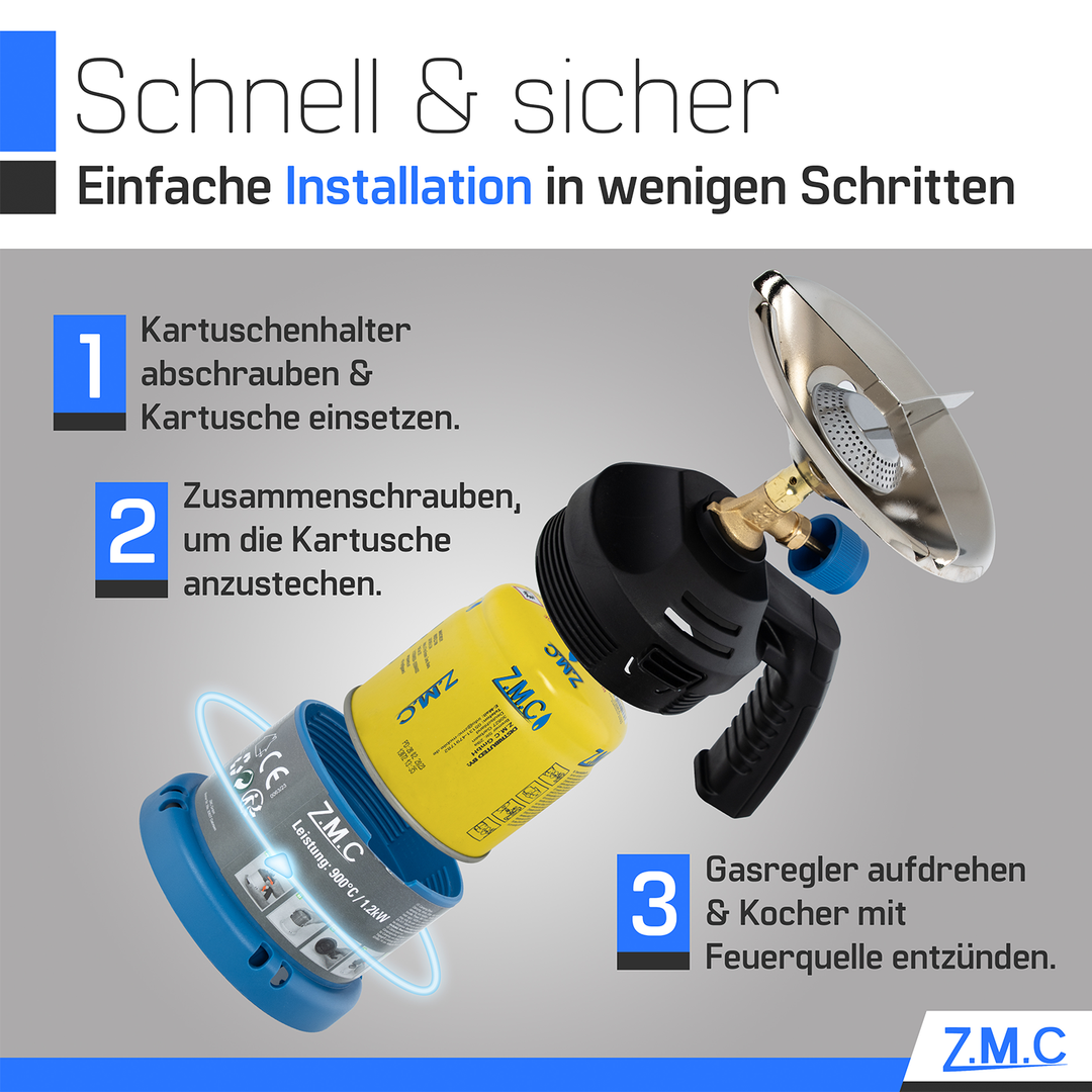 ZMC Campingkocher mit Griff, inkl. 190g Gaskartuschen, Kleiner Kohleanzünder, Kartuschenkocher für Stechkartuschen, tragbarer Gaskocher für Camping & Outdoor