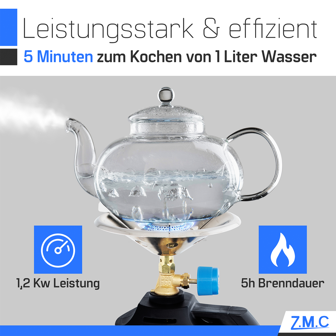 ZMC Campingkocher mit Griff, inkl. 190g Gaskartuschen, Kleiner Kohleanzünder, Kartuschenkocher für Stechkartuschen, tragbarer Gaskocher für Camping & Outdoor