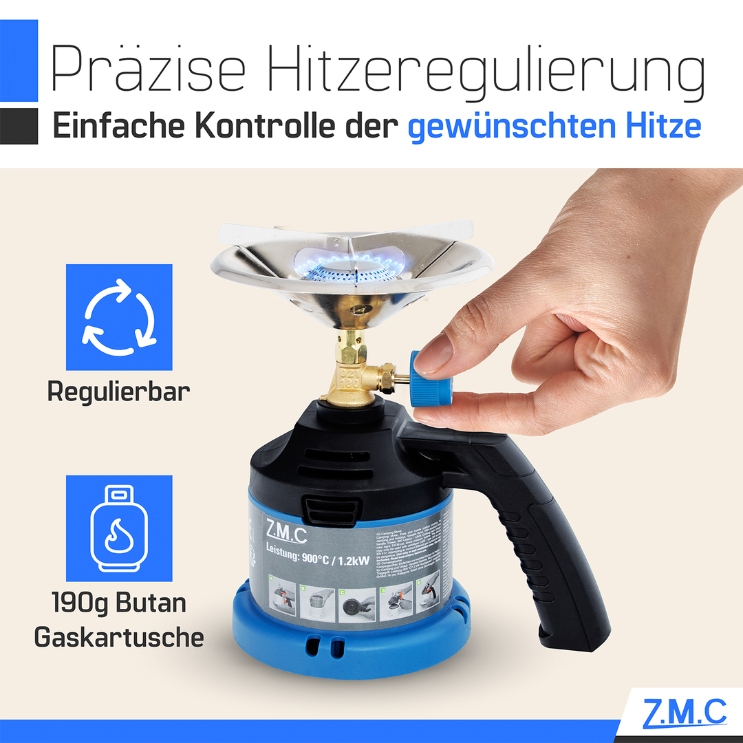 ZMC Campingkocher mit Griff, inkl. 190g Gaskartuschen, Kleiner Kohleanzünder, Kartuschenkocher für Stechkartuschen, tragbarer Gaskocher für Camping & Outdoor