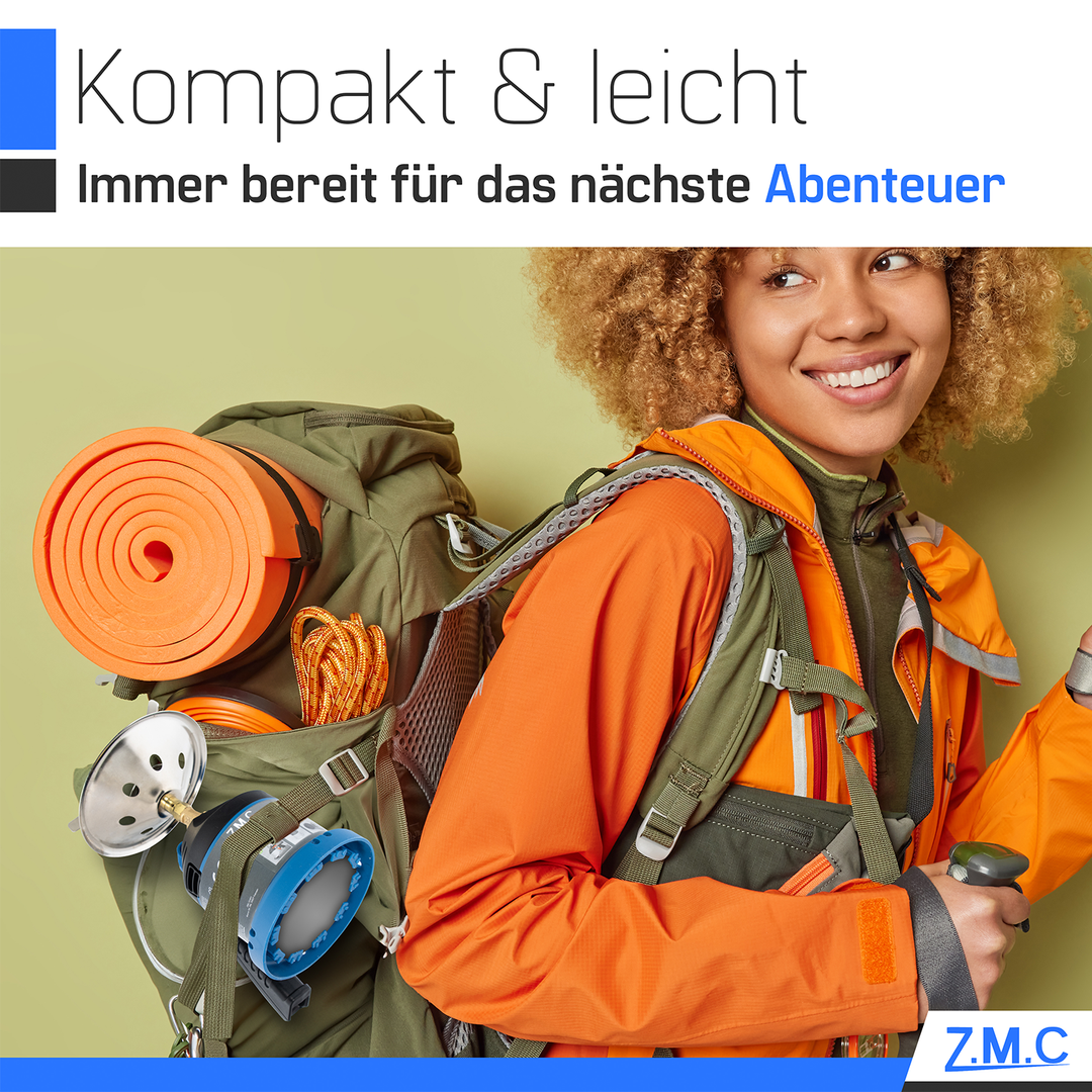 ZMC Campingkocher mit Griff, inkl. 190g Gaskartuschen, Kleiner Kohleanzünder, Kartuschenkocher für Stechkartuschen, tragbarer Gaskocher für Camping & Outdoor