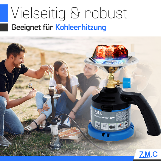 ZMC Campingkocher mit Griff, inkl. 190g Gaskartuschen, Kleiner Kohleanzünder, Kartuschenkocher für Stechkartuschen, tragbarer Gaskocher für Camping & Outdoor