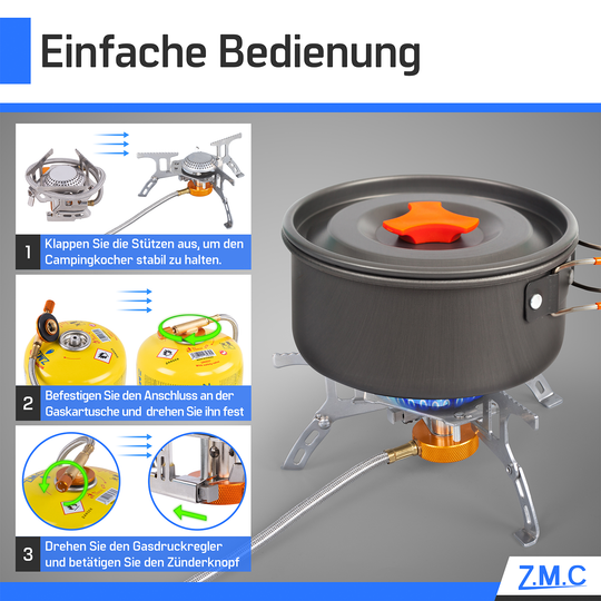 ZMC Mini Klappbarer Campingkocher, Gaskocher aus rostfreiem Stahl 3700W, inkl. Aufbewahrungsbox + Gaskartuschen 300g, mit Piezo-Zündung