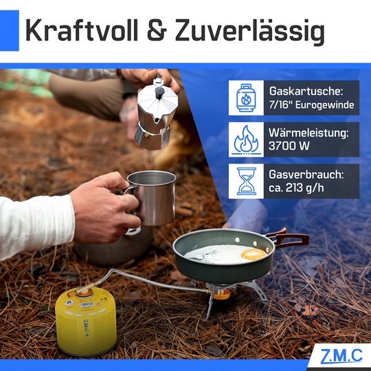 ZMC Mini Klappbarer Campingkocher, Gaskocher aus rostfreiem Stahl 3700W, inkl. Aufbewahrungsbox + Gaskartuschen 300g, mit Piezo-Zündung