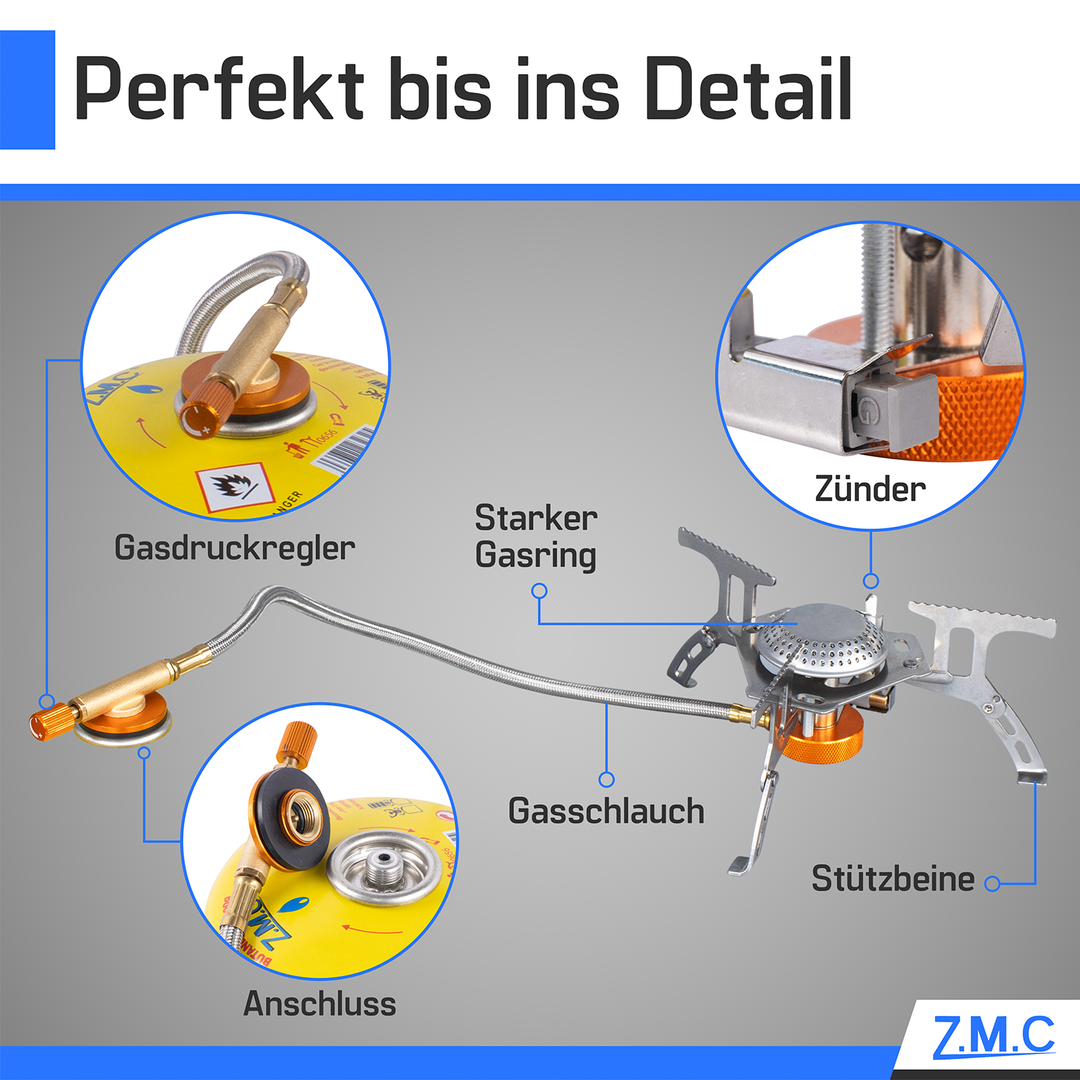 ZMC Mini Klappbarer Campingkocher, Gaskocher aus rostfreiem Stahl 3700W, inkl. Aufbewahrungsbox + Gaskartuschen 300g, mit Piezo-Zündung