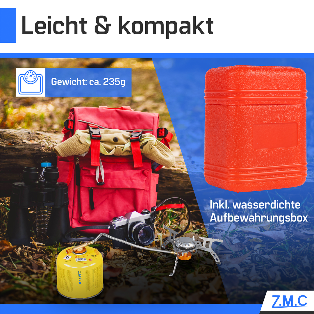 ZMC Mini Klappbarer Campingkocher, Gaskocher aus rostfreiem Stahl 3700W, inkl. Aufbewahrungsbox + Gaskartuschen 300g, mit Piezo-Zündung