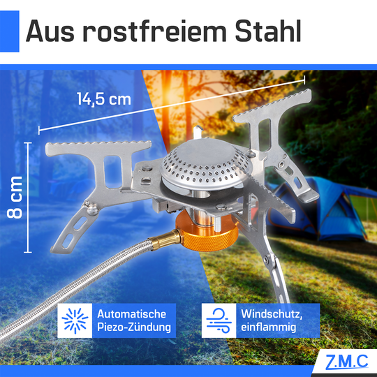 ZMC Mini Klappbarer Campingkocher, Gaskocher aus rostfreiem Stahl 3700W, inkl. Aufbewahrungsbox + Gaskartuschen 300g, mit Piezo-Zündung