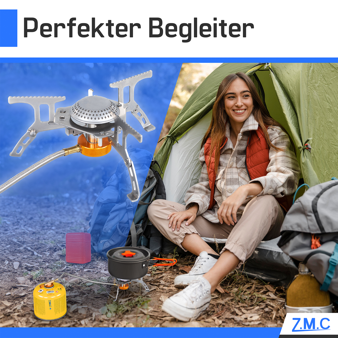 ZMC Mini Klappbarer Campingkocher, Gaskocher aus rostfreiem Stahl 3700W, inkl. Aufbewahrungsbox + Gaskartuschen 300g, mit Piezo-Zündung