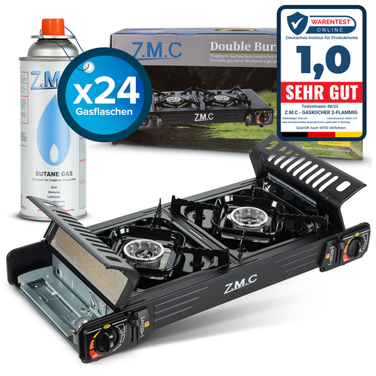 ZMC PREMIUM Camping Gaskocher 2-flammig + Gaskartuschen 227g & Grillplatte, Campingkocher mit Piezozündung für Outdoor und Innenraum