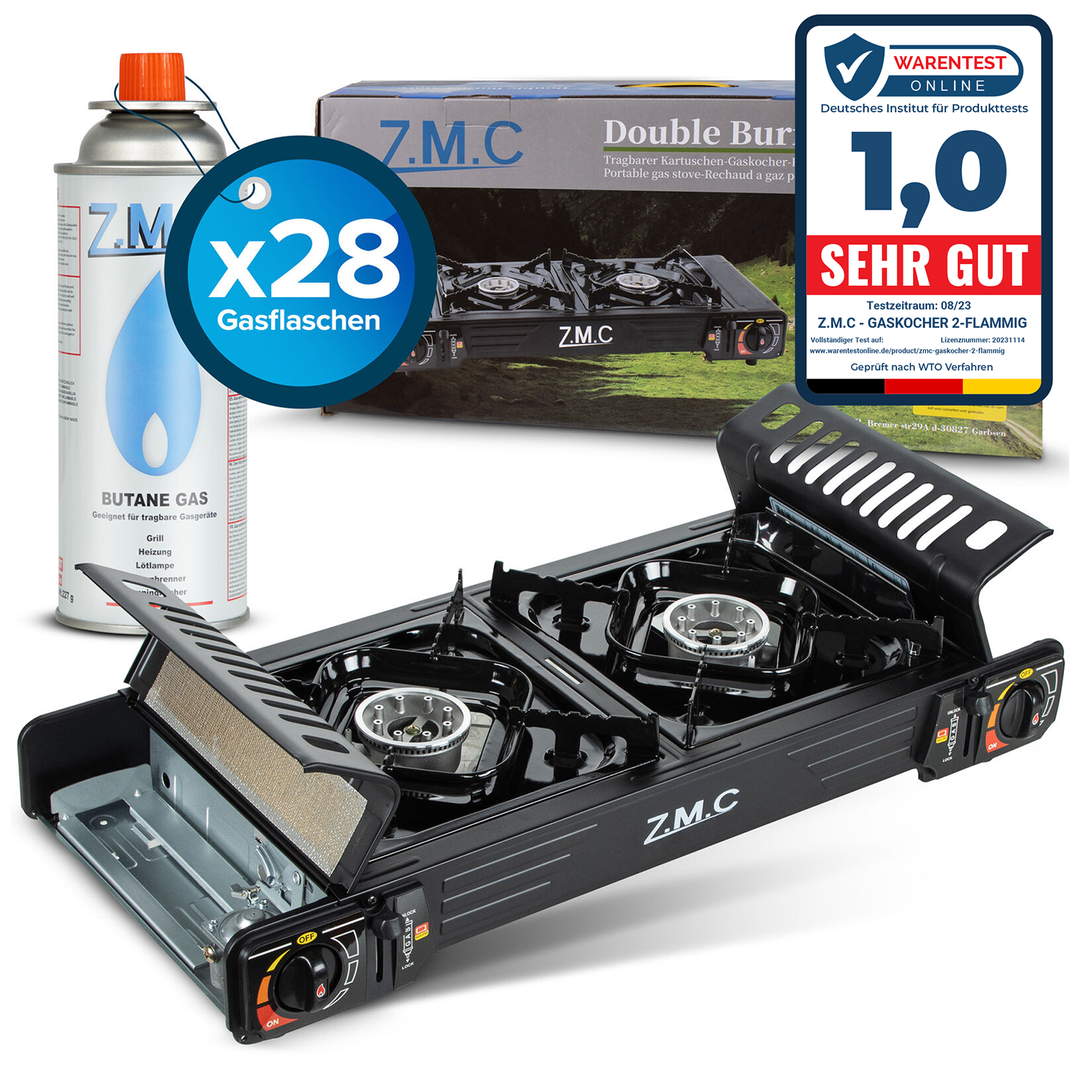 ZMC PREMIUM Camping Gaskocher 2-flammig + Gaskartuschen 227g & Grillplatte, Campingkocher mit Piezozündung für Outdoor und Innenraum