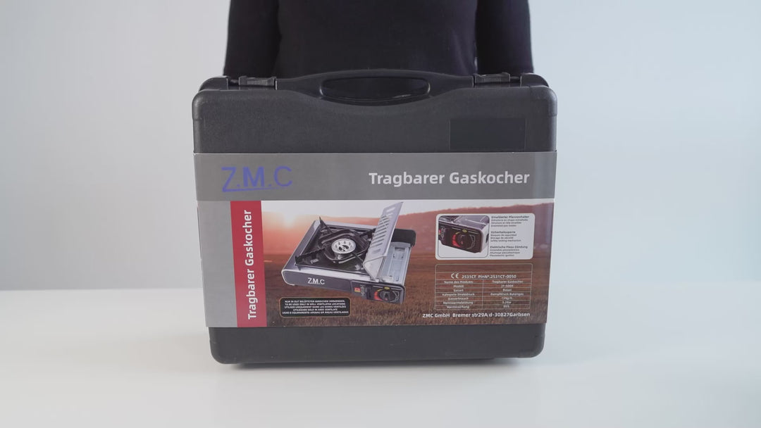 ZMC Gaskocher 1-flammig + Aufbewahrungskoffer + Gaskartuschen 227g und Grillplatte , Campingkocher für Outdoor und Innenraum, 2,2 kW mit Piezozündung